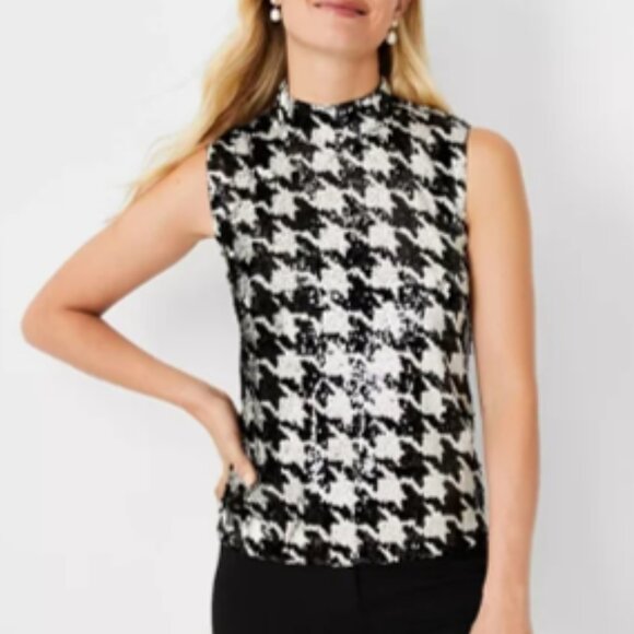 Ann Taylor Black & White Sequined Houndstooth Shell - Picture 1 of 5